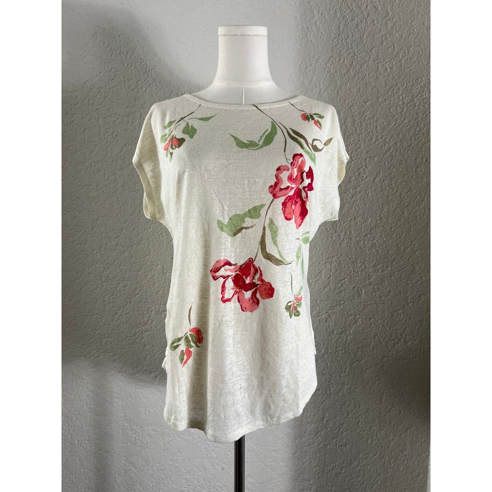 Joie 100% Linen Knit Floral Tee Short Sleeve Romantic Dainty Garden Breathable
